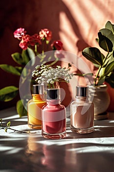 Three bottles of colorful nail polish in pink and peach shades with flowers on bright sunlit background. Professional manicure