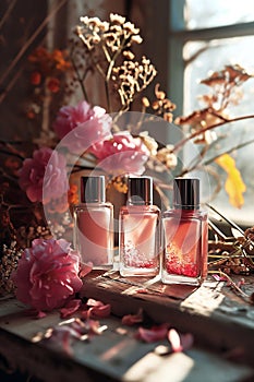 Three bottles of colorful nail polish in pink and peach shades with flowers on bright sunlit background. Professional manicure