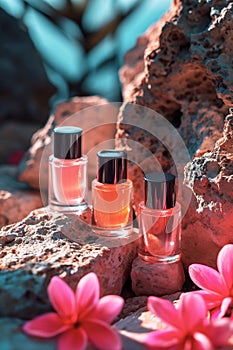 Three bottles of colorful nail polish in shades of pink and peach color with tropical flowers on sunlit rock background