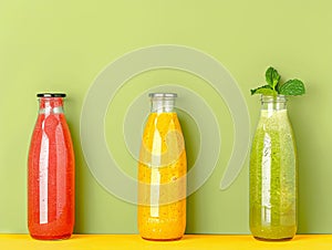 Three bottles of different colored juices on a green background