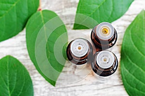Three bottles of essential oil over wooden background. Top view, copy space.