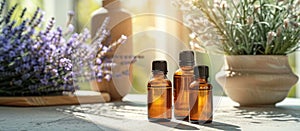 Three Bottles of Essential Oils on Table