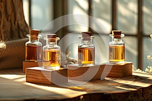Three Bottles of Essential Oils on Wooden Table