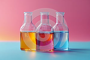 Three Bottles Filled With Different Colored Liquids. Generative AI