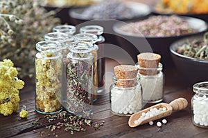 Three bottles of homeopathic globules, bottles of dried medicinal herbs, bowls and bunches of herbs on background.