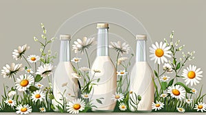 Three bottles of milk with daisies and flowers in the background, AI