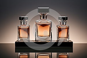 Three bottles of perfume, eau de toilette on a black podium on a dark background. Generated by artificial intelligence