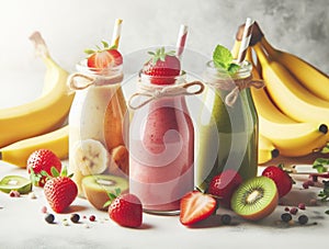 Three bottles of smoothies of different flavors, strawberry, banana, blueberry. Vegetarian and healthy delicious food
