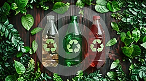 Three bottles of soda with recycling symbols on them, AI