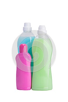 Three bottles with washing liquid isolated on white photo