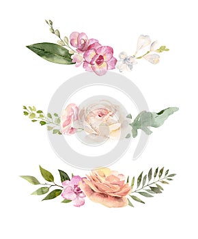 Three bouquets of watercolor flowers and leaves