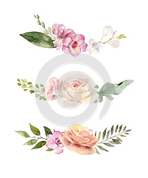 Three bouquets of watercolor flowers and leaves photo