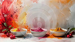 Three Bowls Filled With Different Colored Powders on Table