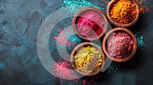 Three Bowls Filled With Different Colored Powders on Table