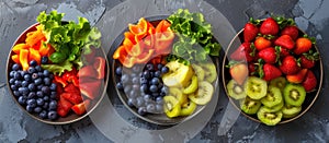 Three Bowls With Fresh Fruits and Vegetables