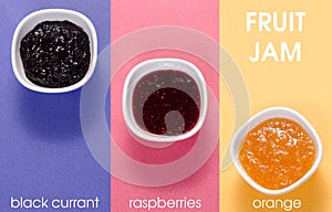 Three bowls with raspberry, orange, blueberry black currant fruit jam