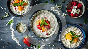 Three bowls of rice pudding with fruit toppings and mint