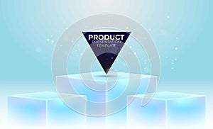 Three box stand for product display. Empty light blue podium or pedestal. Vector template. Abstract product background.