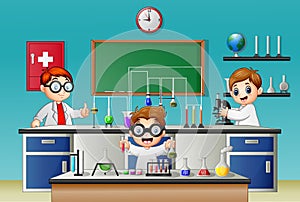 Three boy doing experiment in the lab