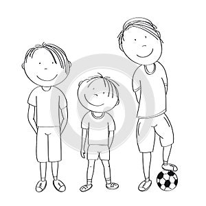 Three boys with ball, ready to play football / soccer - original