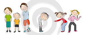 Three boys with ball ready to play football / soccer, two girls bullying sad boy, sneering, offending him. photo