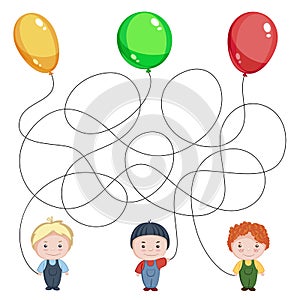 Three boys with balloons. Children`s picture with a riddle. Where is whose ball is?