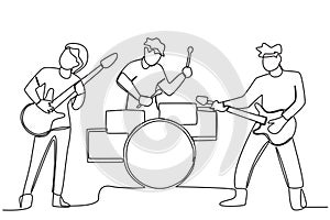 Three boys playing musical instruments