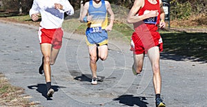 Three boys running in a cross country race on a gravel path
