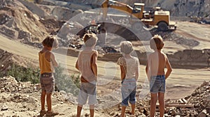 Three boys standing on a nearby hill oversee the construction site trying to predict the next move of the workers and photo