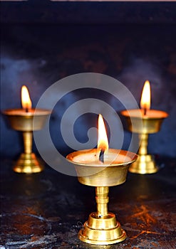 Three Brass Lamps - Diwali Festival in India - Spirituality, Religion and Worship