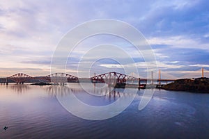 Three bridges, Forth railway Bridge, Forth Road Bridge and Queensferry Crossing, over Firth of Forth near Queensferry in Scotland