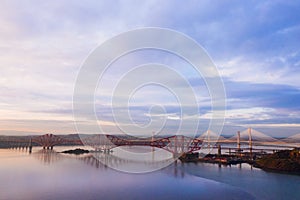 Three bridges, Forth railway Bridge, Forth Road Bridge and Queensferry Crossing, over Firth of Forth near Queensferry in Scotland