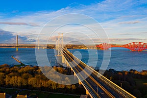 Three bridges, Forth railway Bridge, Forth Road Bridge and Queensferry Crossing, over Firth of Forth near Queensferry in Scotland