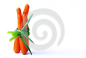 Three bright carrots wrapped in scallions