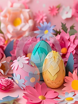 Three bright multicolored eggs made in the style of a 3d paper application surrounded by paper volumetric flowers
