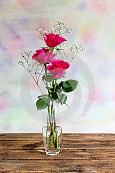 Three bright pink roses