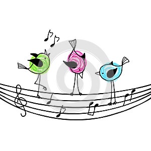 Three brightly colored birds on the stave with treble clef and n