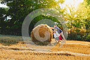 Three brothers push a haystack on an agricultural field.