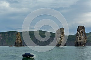 Three Brothers Rocks in the Avacha Bay of Pacific Ocean. Coast of Kamchatka.