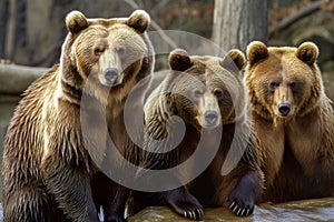 Three brown bears in the zoo. Wildlife scene from wild nature. Generative AI