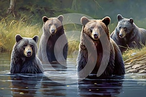 Three brown bears in the zoo. Wildlife scene from wild nature. Generative AI