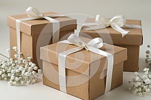 Three brown boxes with white bows on them