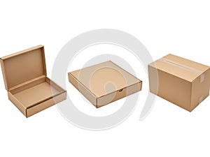 Three brown cardboard boxes isolated on white background
