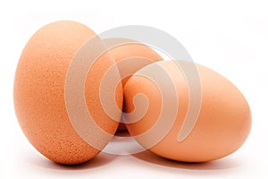 Three brown chicken eggs isolated on a white background