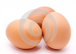 Three brown chicken eggs isolated on a white background