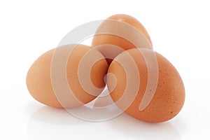 Three brown chicken eggs on a white background