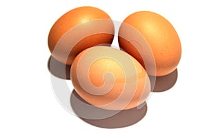 Three brown eggs on a white background.