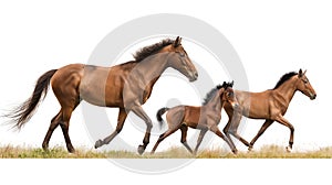 Three brown horses galloping in sequence on a white background with grass at the base