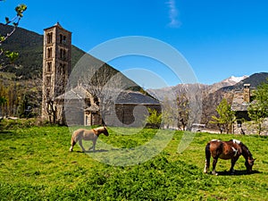 Horse grazing at the foot of the Romanesque church photo