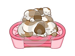 Three brown puppies sleeping on top of each other on a dog bed. Vector cartoon illustration.
